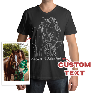 Line Art Horse Lover Black V-Neck T-Shirts: Custom Designs from Your Photos | Unique Gifts for Horse Lovers