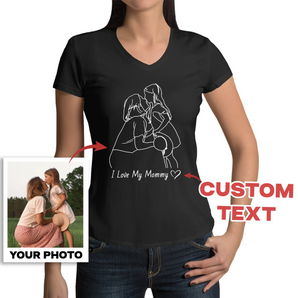 Personalized Line Art Black V-Neck T-Shirts for Mom: Custom Designs from Your Photos | Unique Mother's Day or Birthday Gifts