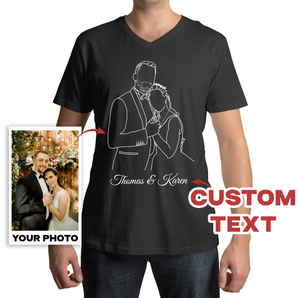 Line Art Black V-Neck T-Shirts: Custom Designs from Your Photos for Anniversary Wedding Gifts
