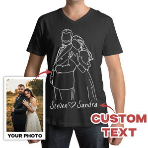 Line Art Black V-Neck T-Shirts for Husband: Custom Designs from Your Photos | Unique Father's Day or Birthday Gifts