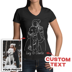 Line Art Women's Pet Portrait Black V-Neck T-Shirts: Custom Designs from Your Own Photos