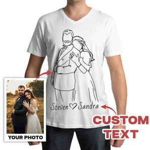 Line Art White V-Neck T-Shirts for Husband: Custom Designs from Your Photos | Unique Father's Day or Birthday Gifts