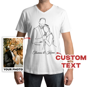 Line Art White V-Neck T-Shirts: Custom Designs from Your Photos for Anniversary Wedding Gifts