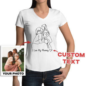 Personalized Line Art White V-Neck T-Shirts for Mom: Custom Designs from Your Photos | Unique Mother's Day or Birthday Gifts