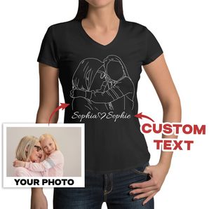 Personalized Black V-Neck T-Shirts for Grandmother: Line Art Designs from Your Photos | Unique Mother's Day Gift