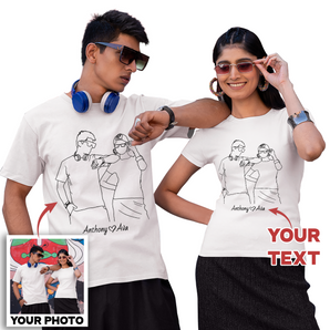 Line Art Couples T-Shirts: Custom Design from Your Photos | Unique Matching Tees White