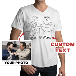 Line Art Father's Day White V-Neck T-Shirts: Custom Designs from Your Photos | Unique Gift for Father