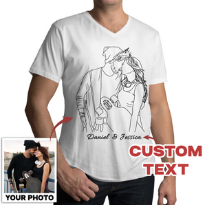 Line Art Couples V-Neck T-Shirts: Custom Design from Your Photos | Unique Matching Tees White