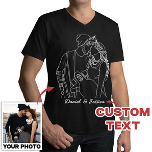 Line Art Couples V-Neck T-Shirts: Custom Design from Your Photos | Unique Matching Tees Black