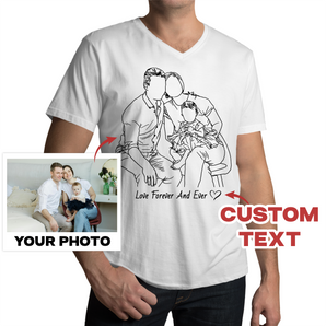 Custom Line Art Family White V-Neck T-Shirts: Personalized Designs from Your Photos