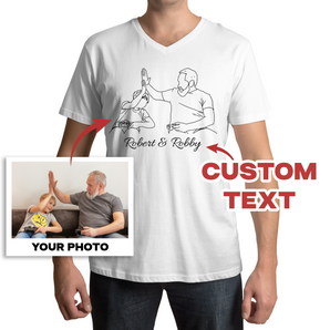 Line Art White V-Neck T-Shirts for Grandfather: Custom Designs from Your Photos | Unique Gifts For Grandpa | Father's Day Gift