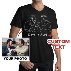 Line Art Father's Day Black V-Neck T-Shirts: Custom Designs from Your Photos | Unique Gift for Father
