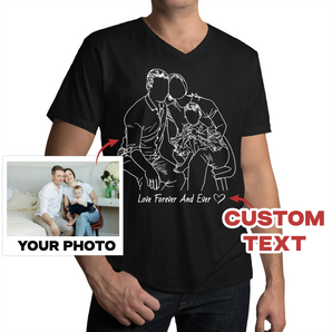 Custom Line Art Family Black V-Neck T-Shirts: Personalized Designs from Your Photos