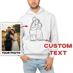 Line Art Couples Hoodies: Custom Design from Your Photos | Unique Matching Tees White