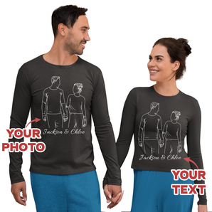 Line Art Couples Long Sleeve: Custom Design from Your Photos | Unique Matching Tees Black