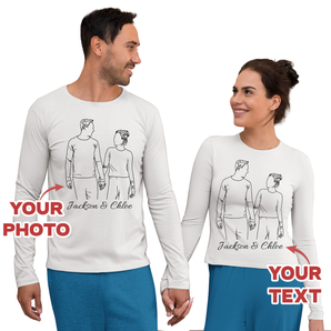 Line Art Couples Long Sleeve: Custom Design from Your Photos | Unique Matching Tees White