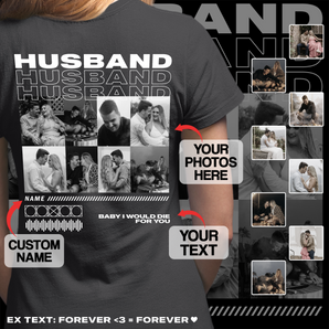 Personalized Black T-shirt for Him: Custom Text & Photos of Husband and Wife | Ideal Gift for Husband | Valentine's, Birthdays, Anniversaries & Special Occasions
