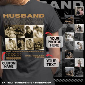 Personalized Black T-shirt for Him: Custom Text & Photos of Husband and Wife | Perfect Gift for Your Husband | Ideal for Valentine's, Birthdays, Anniversaries & Special Occasions