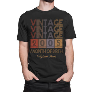 Custom Black T-Shirt - Vintage Vintage Vintage 2005 (Month of Birth) Original Part - Personalize with Your Birth Month & Year - Ideal Birthday Gift for Vintage Lovers