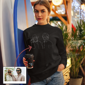 Line Art Couples Sweatshirts: Custom Design from Your Photos | Unique Matching Tees Black