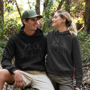 Line Art Couples Hoodies: Custom Design from Your Photos | Unique Matching Tees Black