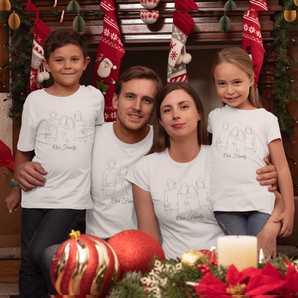 Custom Line Art Family White V-Neck T-Shirts: Personalized Designs from Your Photos