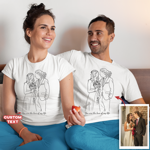 Line Art White V-Neck T-Shirts: Custom Designs from Your Photos for Anniversary Wedding Gifts