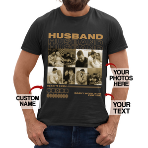 Personalized Black T-shirt for Him: Custom Text & Photos of Husband and Wife | Perfect Gift for Your Husband | Ideal for Valentine's, Birthdays, Anniversaries & Special Occasions