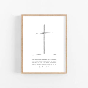 Minimalist Cross On Hill Line Art - 'Galatians 2:20', Modern Christian Wall Art, Printable Scripture Poster