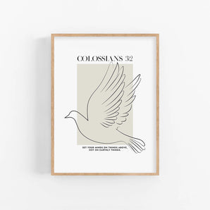 Minimalist Dove Line Art Poster  - 'Colossians 3:2', Modern Bible Verse Wall Art, Christian Home Decor Printable