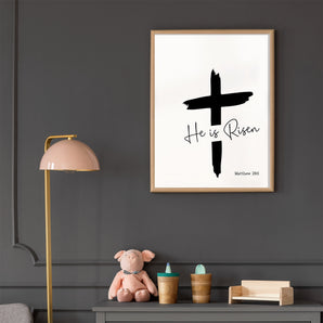 Minimalist Easter Cross Art Poster - 'He is Risen. Matthew 28:6', Modern and Vintage Religious Decor