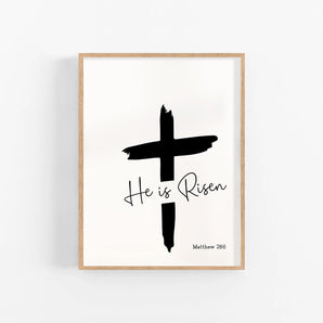 Minimalist Easter Cross Art Poster - 'He is Risen. Matthew 28:6', Modern and Vintage Religious Decor