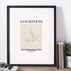 Minimalist Flower Line Art Poster - 'Goodness. Psalm 23:6', Modern Bible Verse Wall Art, Christian Home Decor Printable