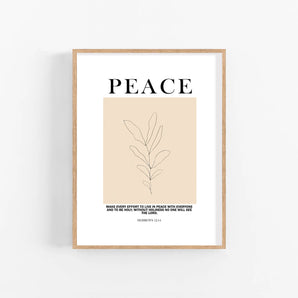 Minimalist Flower Line Art Poster - 'Peace. hebrews 12:14', Modern Bible Verse Wall Art, Christian Home Decor Printable