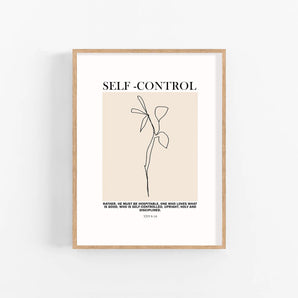 Minimalist Flower Line Art Poster - 'Self-Control. Titus 1:8', Modern Bible Verse Wall Art, Christian Home Decor Printable