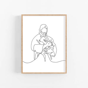 Minimalist Jesus Line Art Poster - Good Shepherd with Lamb, Printable Christian Wall Art, Baptism Gift, Jesus Portrait
