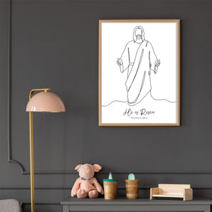 Minimalist Jesus Line Art Poster - 'He Is Risen. Matthew 28:6', Easter Wall Art, LDS Poster, Christian Easter Decor
