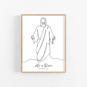 Minimalist Jesus Line Art Poster - 'He Is Risen. Matthew 28:6', Easter Wall Art, LDS Poster, Christian Easter Decor