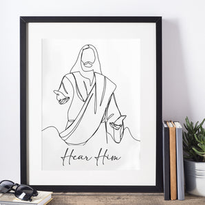Minimalist Jesus Line Art Poster - 'Hear Him', Jesus Wall Art, Printable Christian Decor, Easter Art, Jesus Portrait