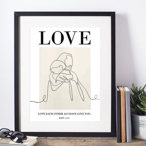 Minimalist Jesus and Child Line Art Poster - 'John 15:12', Love Each Other, Bible Verse Wall Art, Christian Home Decor