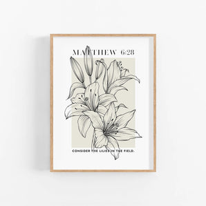 Minimalist Lily Line Art Poster - 'Matthew 6:28', Modern Christian Wall Art, Bible Verse Printable