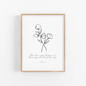 Minimalist Line Art Bible Verse Poster - For Where Your Treasure Is There Your Heart Will Be - Luke 12:34 - Christian Home Decor - Classic Brown And White Wall Art - Church Decoration