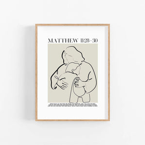 Minimalist Line Art Bible Verse Poster - Matthew 11:28-30 - Come To Me, All You Who Are Weary - Christian Home Wall Decor - Classic Brown And White