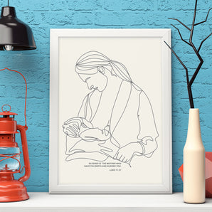 Minimalist Mother and Child Line Art Poster - 'Luke 11:27', Blessed Mother, Bible Verse Wall Art, Christian Home Decor