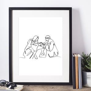 Minimalist Nativity Line Art Poster - Mary, Joseph, and Baby Jesus in Manger - Classic Brown and White - Printable Christmas Decor