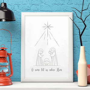 O Come Let Us Adore Him Poster - Minimalist Nativity Scene Art - Printable Christmas Decor - Christian Wall Art for Church and Home