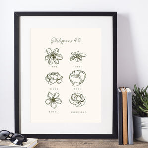 Philippians 4:8 Floral Bible Poster - Minimalist Botanical Scripture Art for Church Decor, Religious Teaching, and Gifts