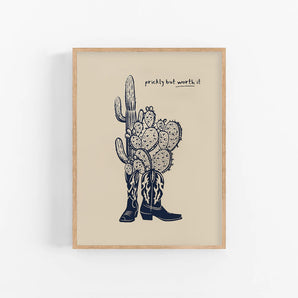 Vintage Cowgirl Boots Wall Art Poster - 'Prickly But Worth It' Cactus Desert Print, Rustic Western Home Decor